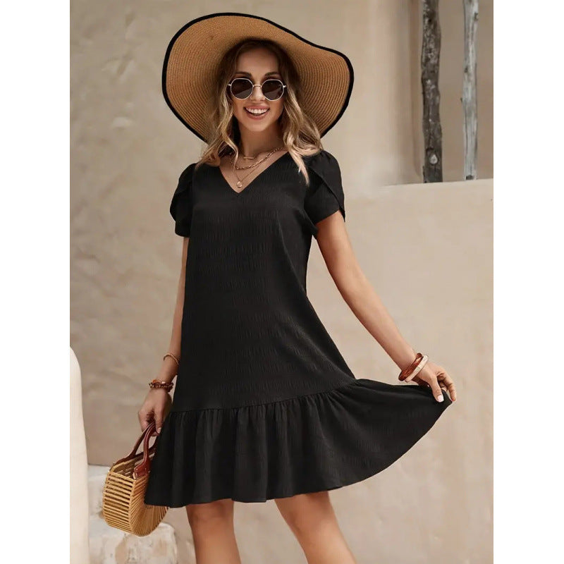 Women's V-Neck A-Line Casual Short Sleeve Dress with Ruffles