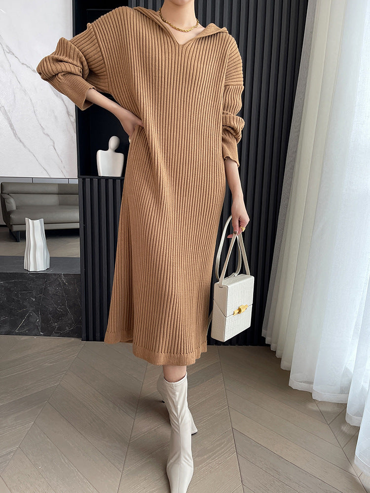 Casual Hooded Knitted Long Dress Plush Fashion Hub