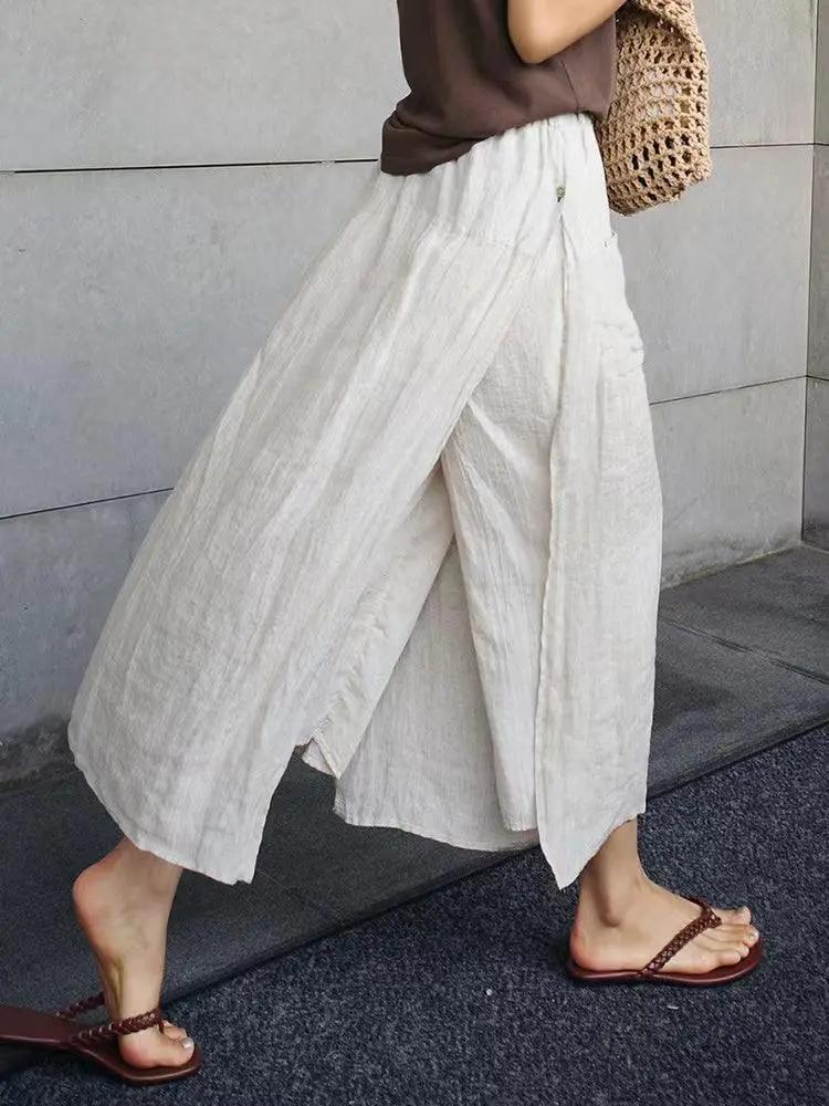 100% Linen Cotton Wide-Leg Skirt Pants PAINEVIDA