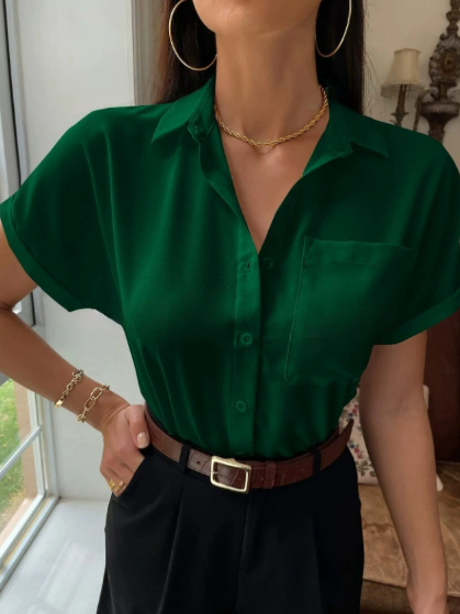 Satin V neck Shirt Women Women Solid Color Satin Short Sleeve Casual Button Satin Shirt Bella Mia