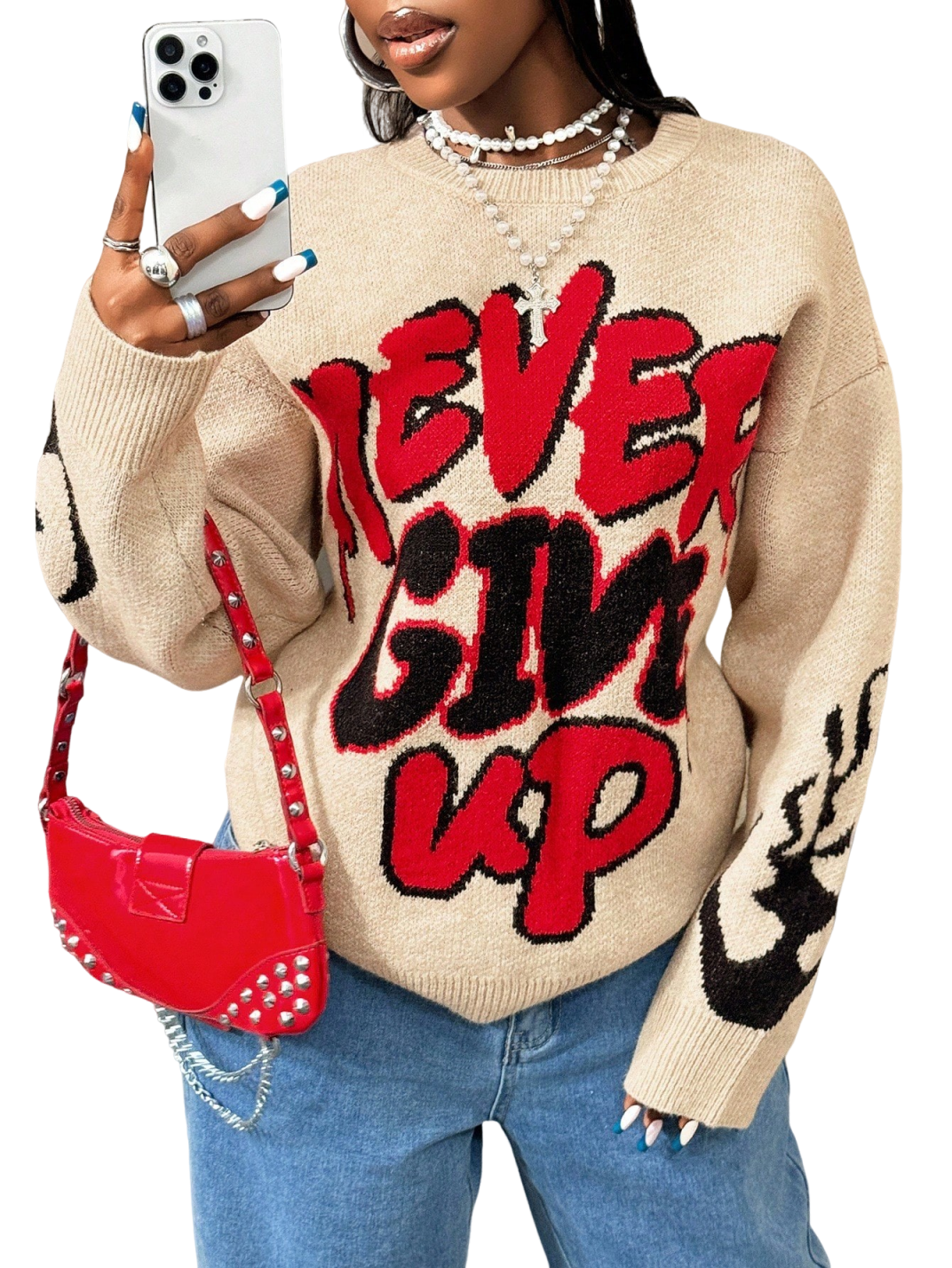 Women High Elastic Loose Long Sleeve Letters Pullover Knitted Sweater Bella Mia