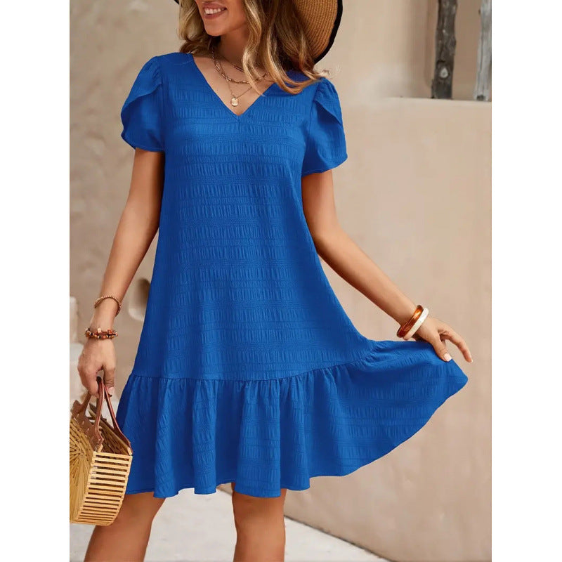 Women's V-Neck A-Line Casual Short Sleeve Dress with Ruffles
