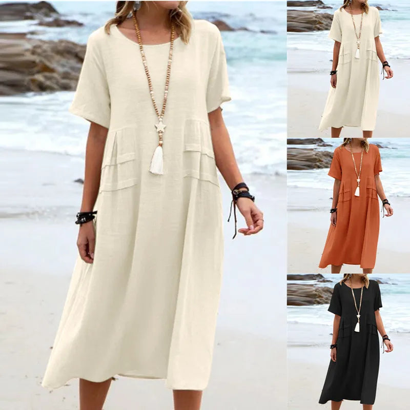 Women's Casual Cotton Linen Short-Sleeve Midi Dress