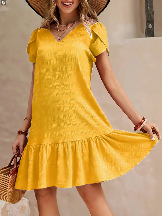 Women's V-Neck A-Line Casual Short Sleeve Dress with Ruffles