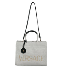 Versace White Top Handle Canvas Leather Logo Crossbody Tote Bag MaraFormigone