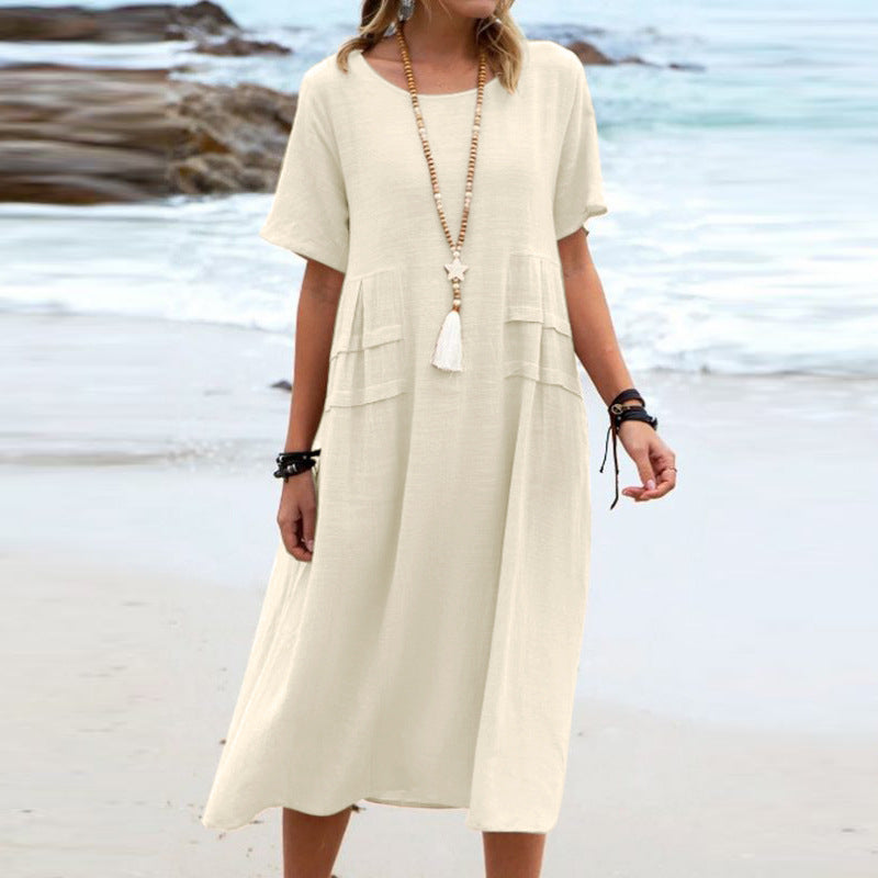 Women's Casual Cotton Linen Short-Sleeve Midi Dress