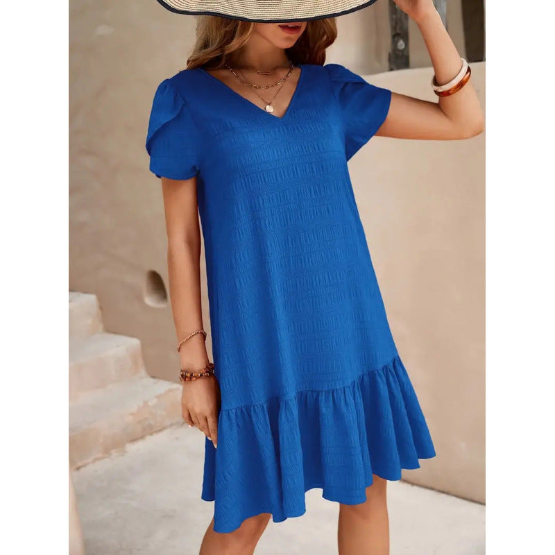 Women's V-Neck A-Line Casual Short Sleeve Dress with Ruffles