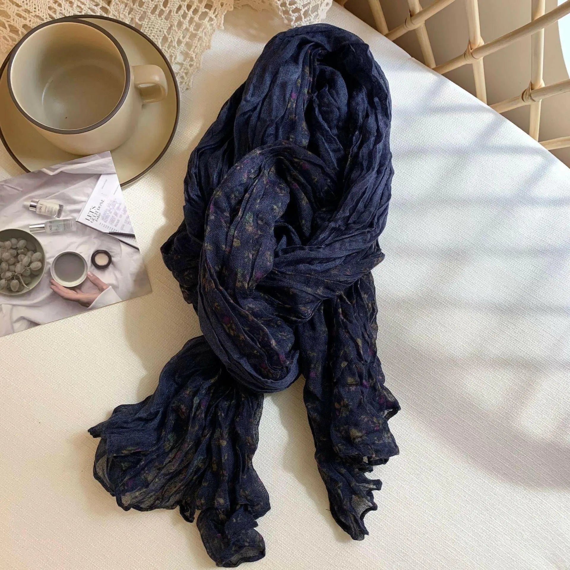 Artistic Retro Soft Small Floral Vintage Cotton And Linen Scarf For Women.