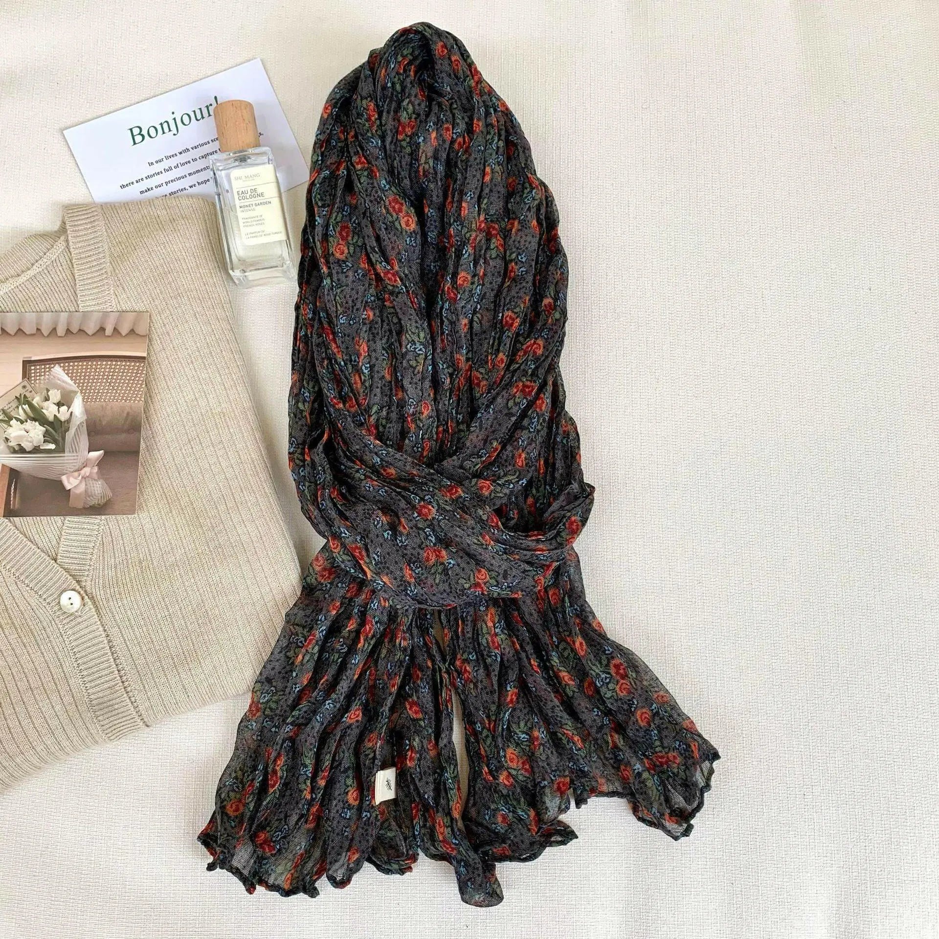 Artistic Retro Soft Small Floral Vintage Cotton And Linen Scarf For Women.