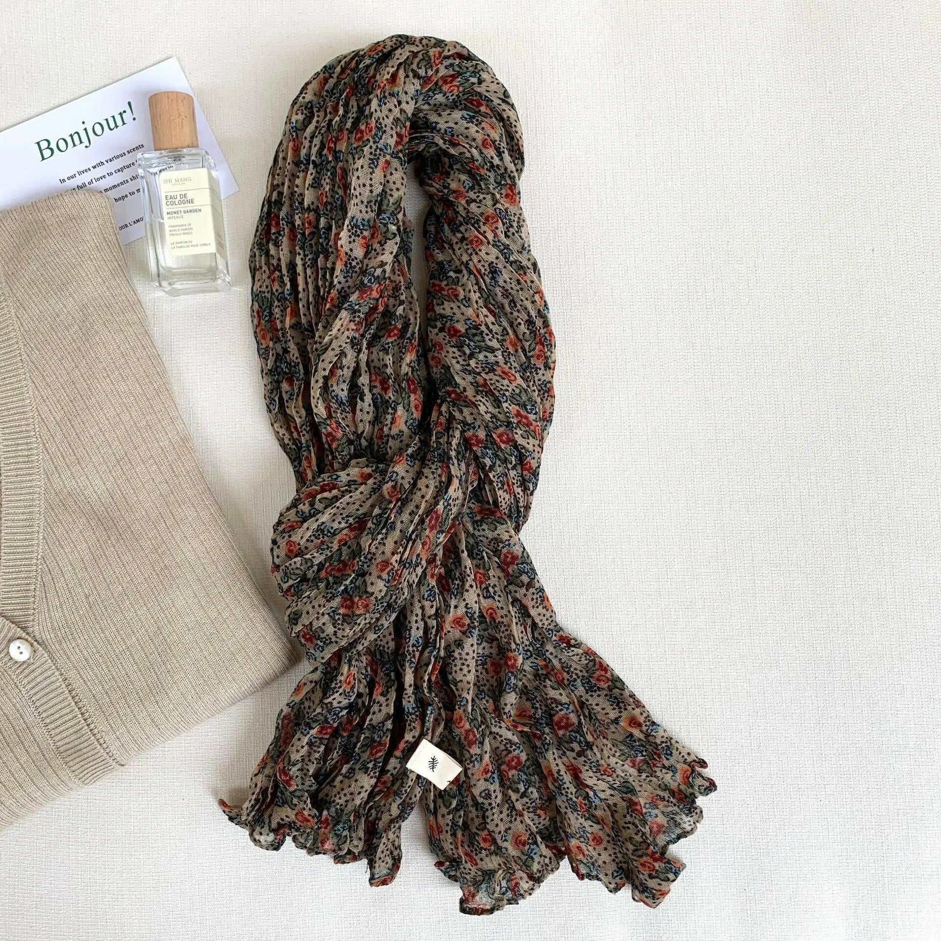 Artistic Retro Soft Small Floral Vintage Cotton And Linen Scarf For Women.
