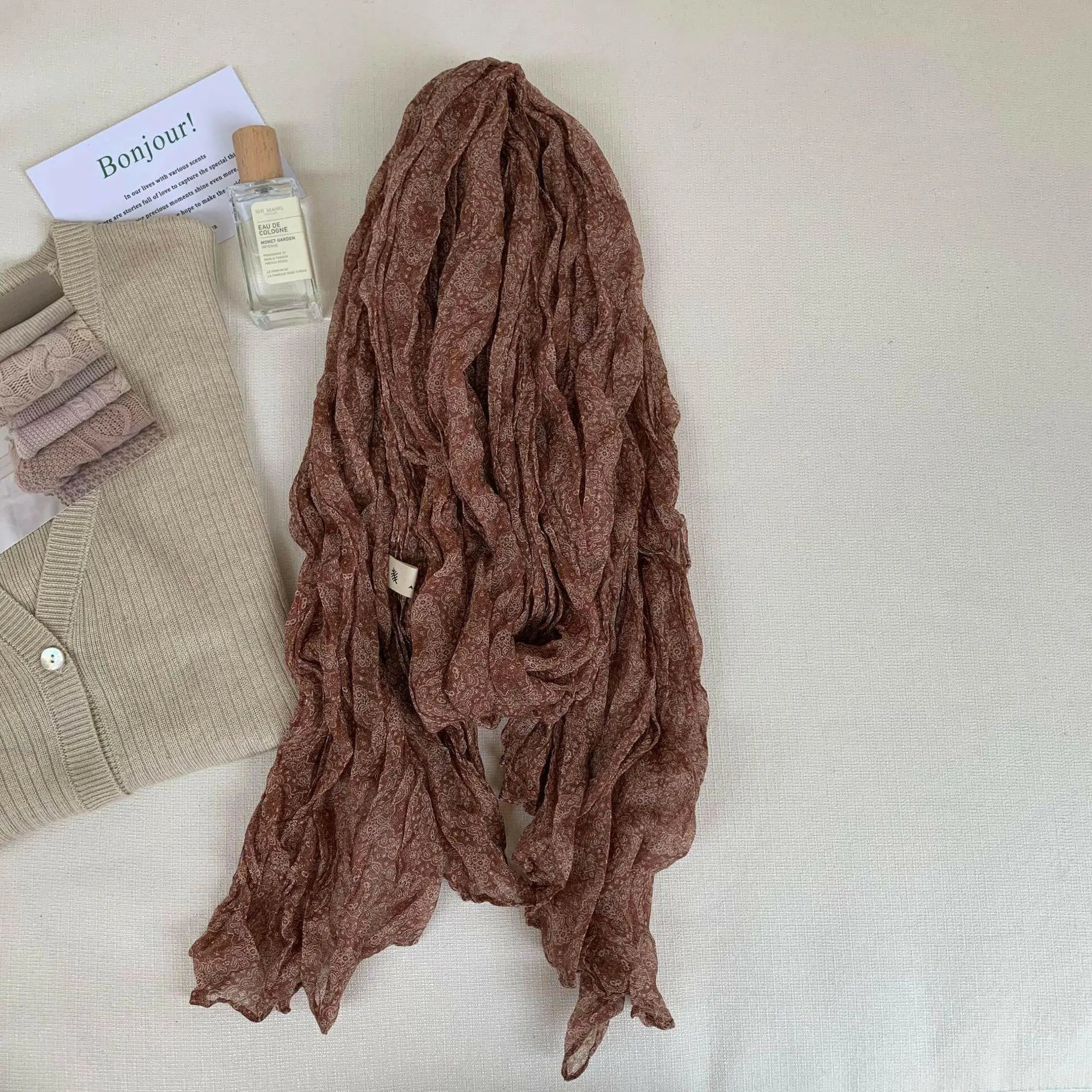 Artistic Retro Soft Small Floral Vintage Cotton And Linen Scarf For Women.