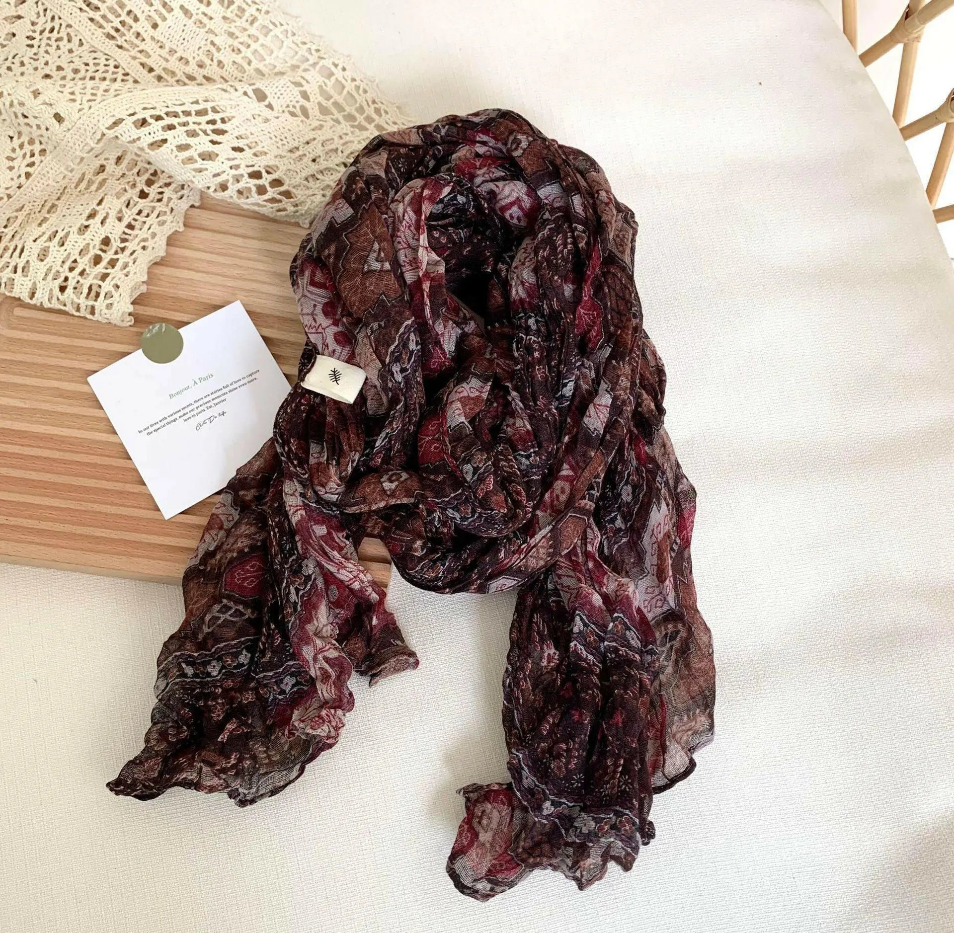 Artistic Retro Soft Small Floral Vintage Cotton And Linen Scarf For Women.
