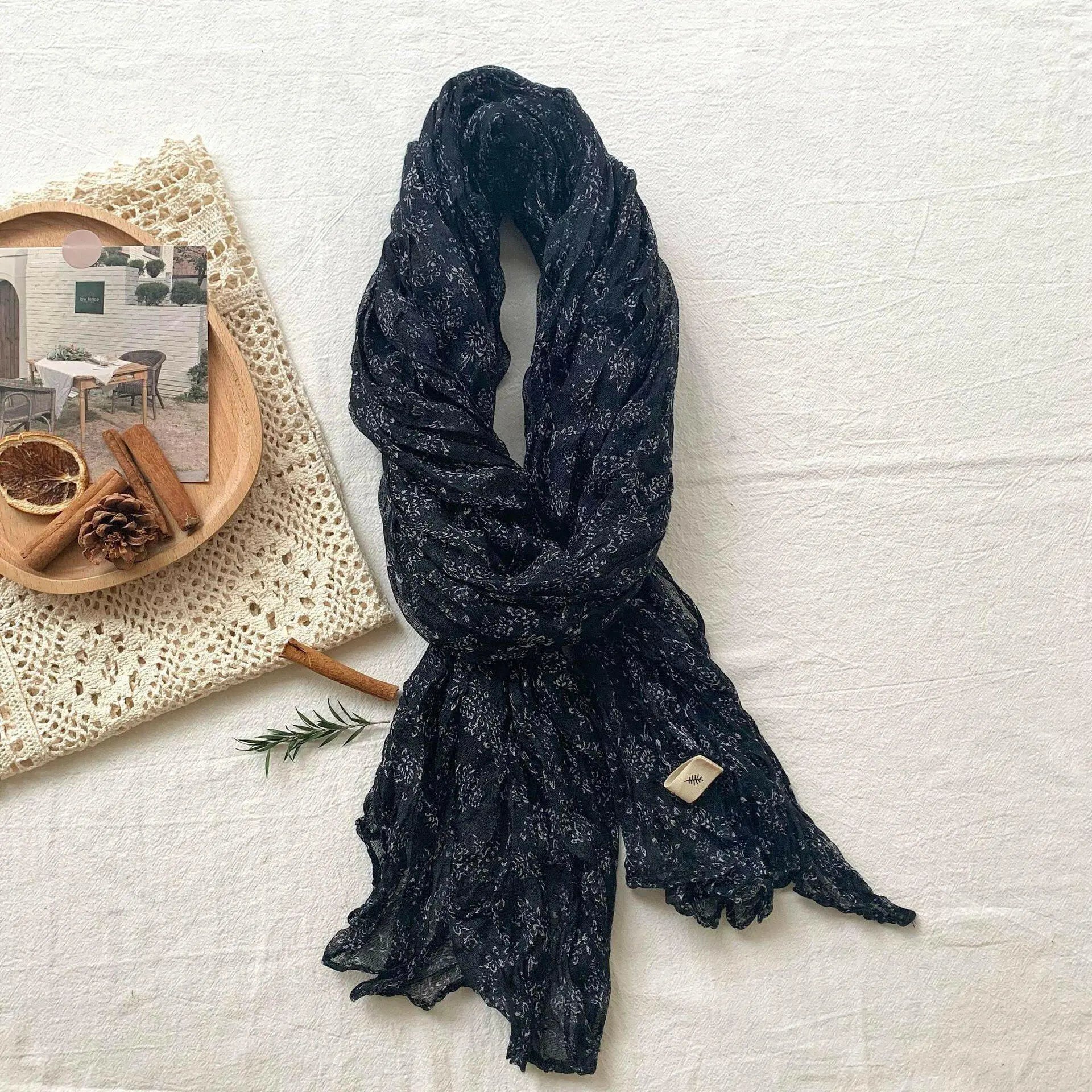 Artistic Retro Soft Small Floral Vintage Cotton And Linen Scarf For Women.