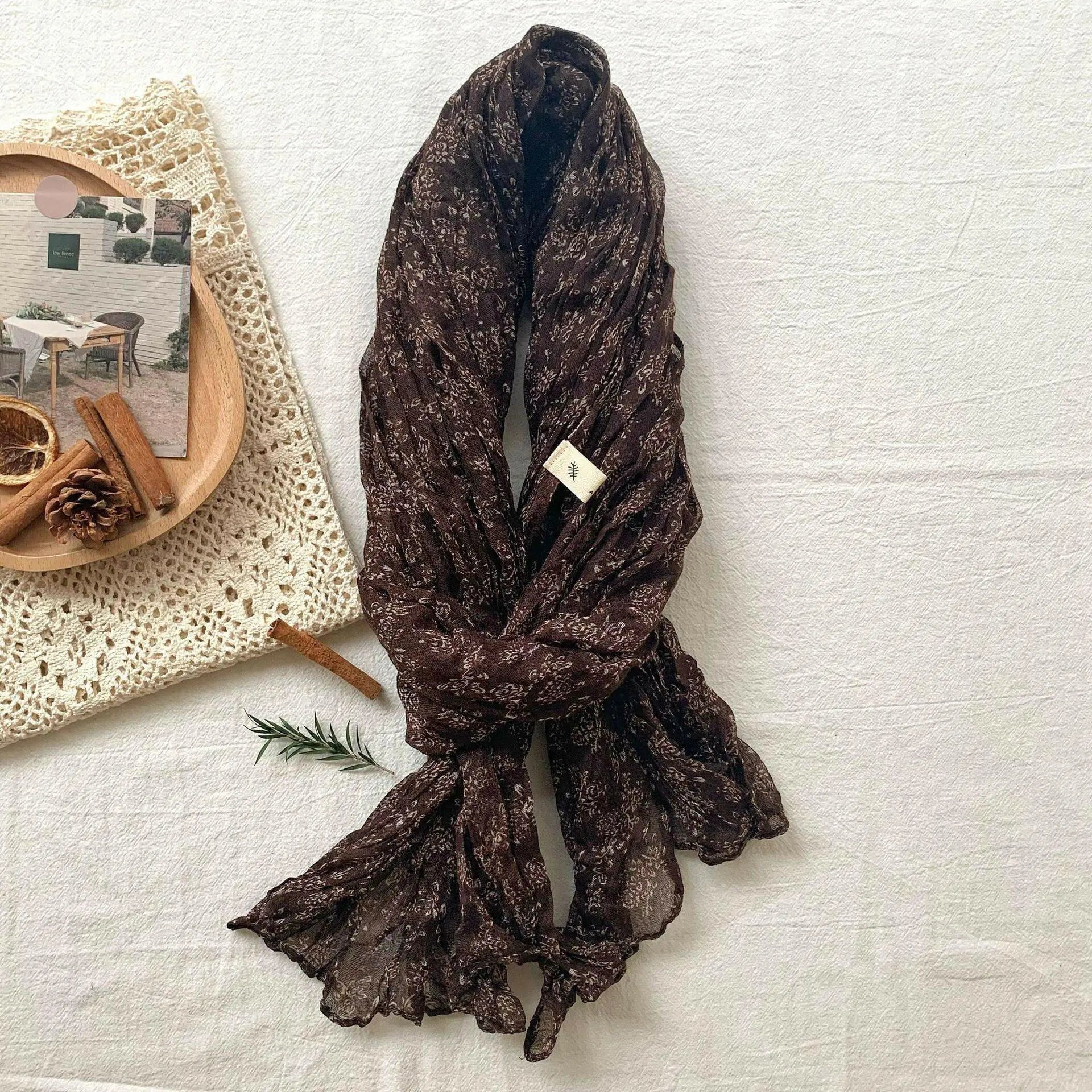 Artistic Retro Soft Small Floral Vintage Cotton And Linen Scarf For Women.