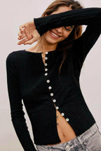 Basic Button Up Round Neck Long Sleeve Top.