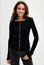 Basic Button Up Round Neck Long Sleeve Top.