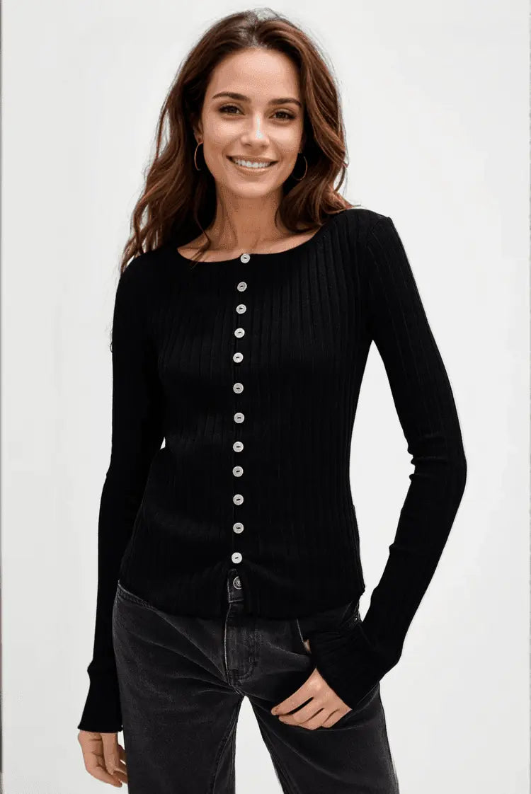 Basic Button Up Round Neck Long Sleeve Top.