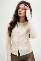 Basic Button Up Round Neck Long Sleeve Top.