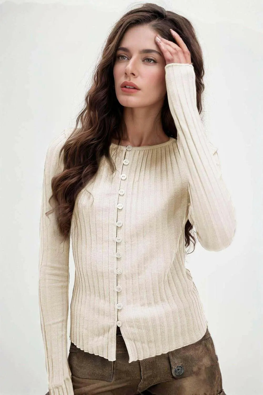 Basic Button Up Round Neck Long Sleeve Top.