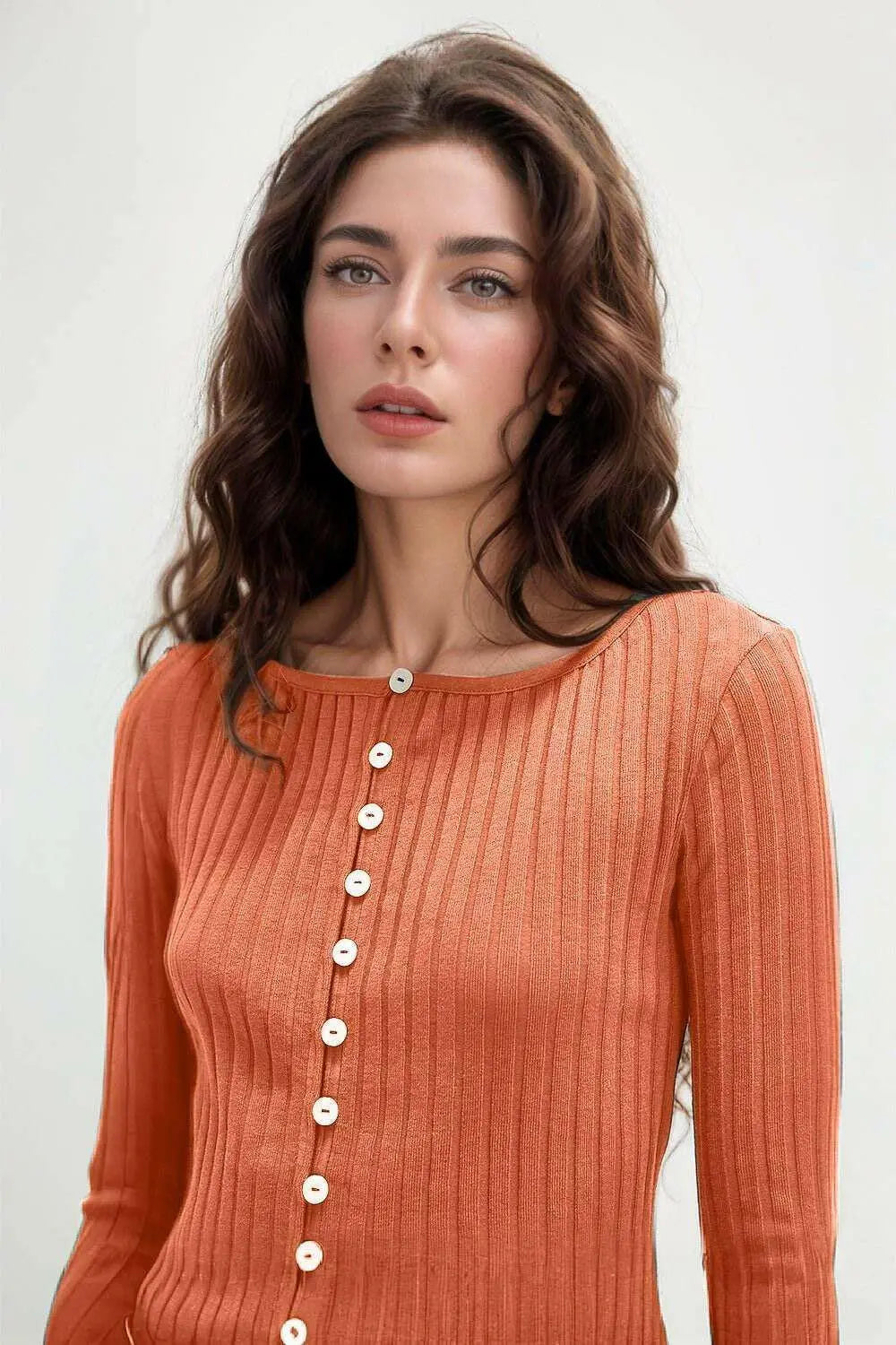 Basic Button Up Round Neck Long Sleeve Top.