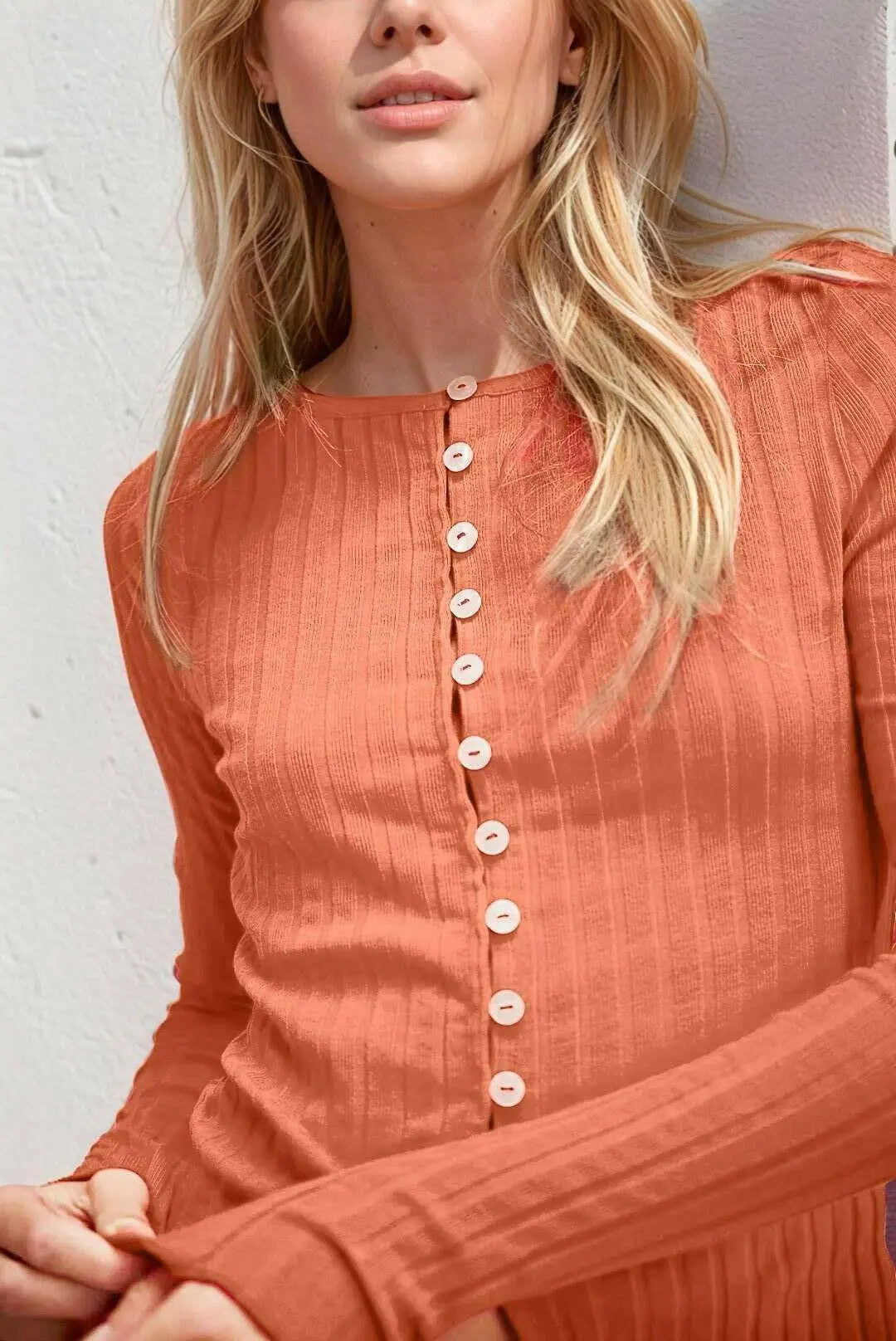 Basic Button Up Round Neck Long Sleeve Top.