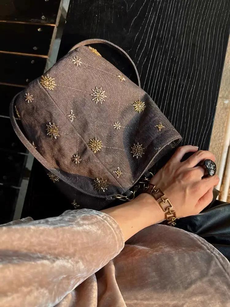 Beaded Embroidered Bucket Bag Plush Fashion Hub