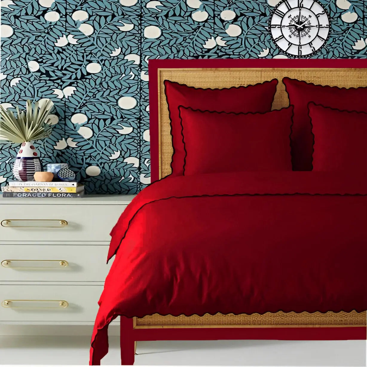 Burgundy 400TC Cotton Small Scallop Embroidery Duvet Cover Set PushpLinen