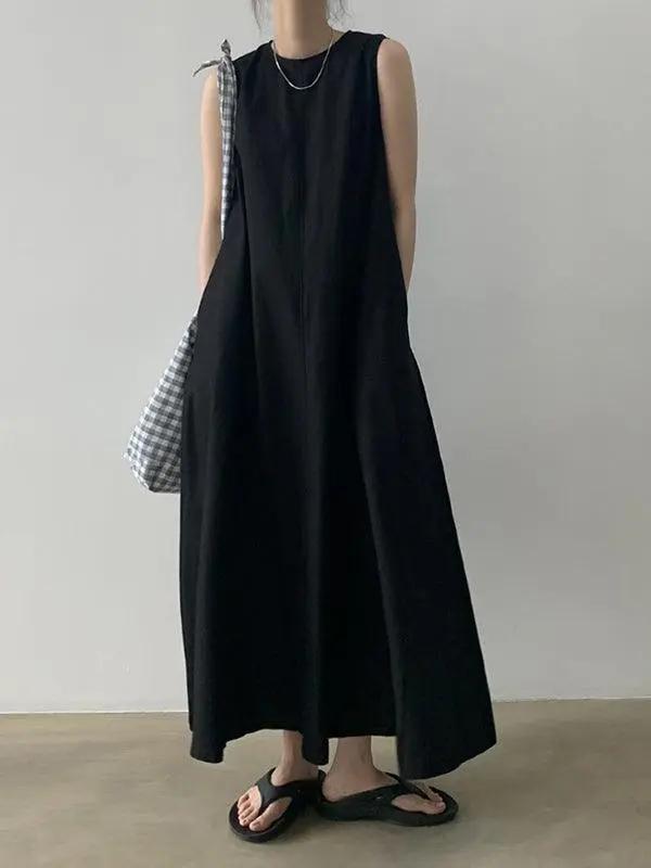 Chic Simple Solid Color Sleeveless Ramie Cotton Loose Dress Plush Fashion Hub