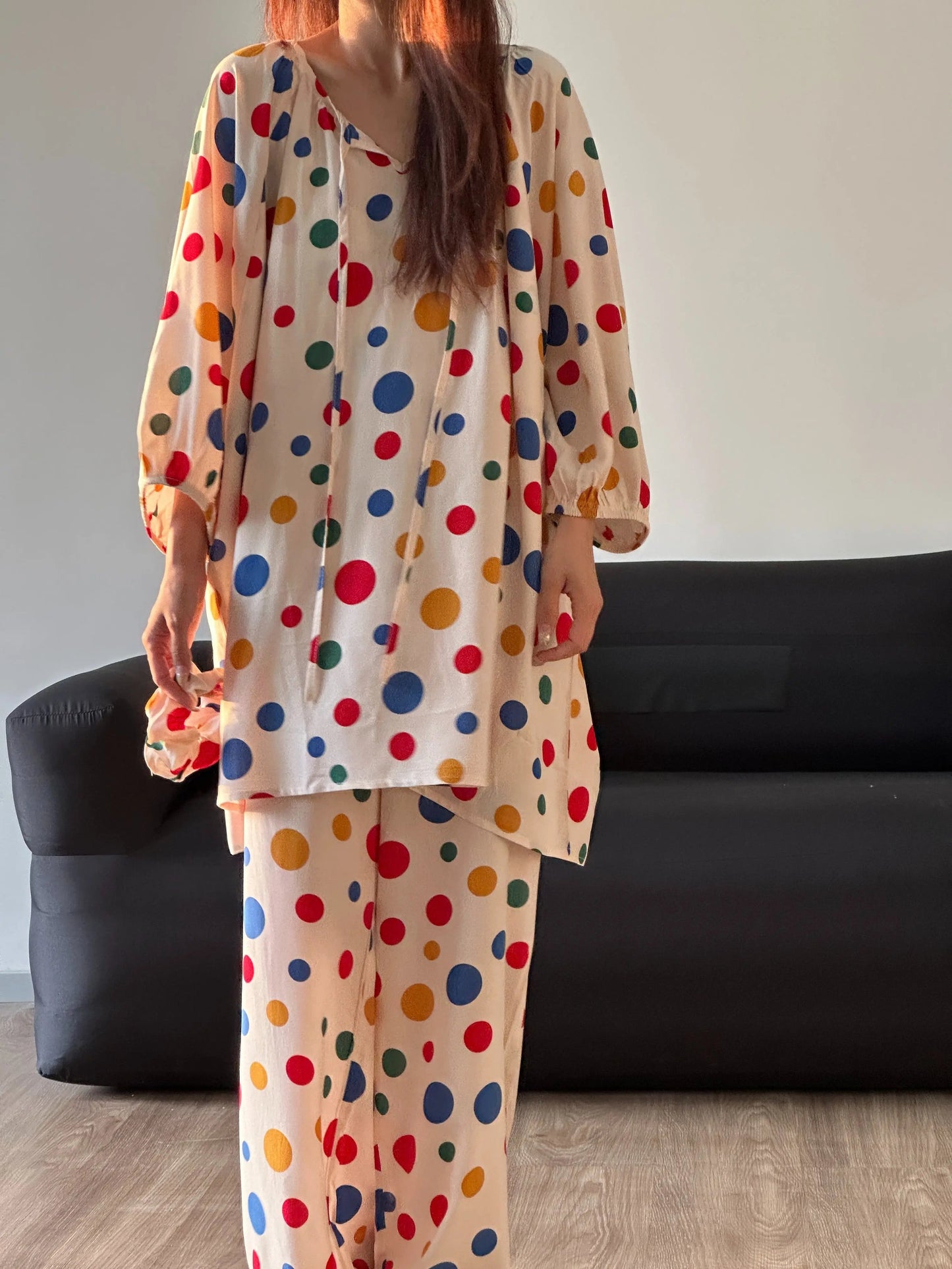 Colorful Polka Dot Cotton Silk Home Wear Set Pajamas PAINEVIDA