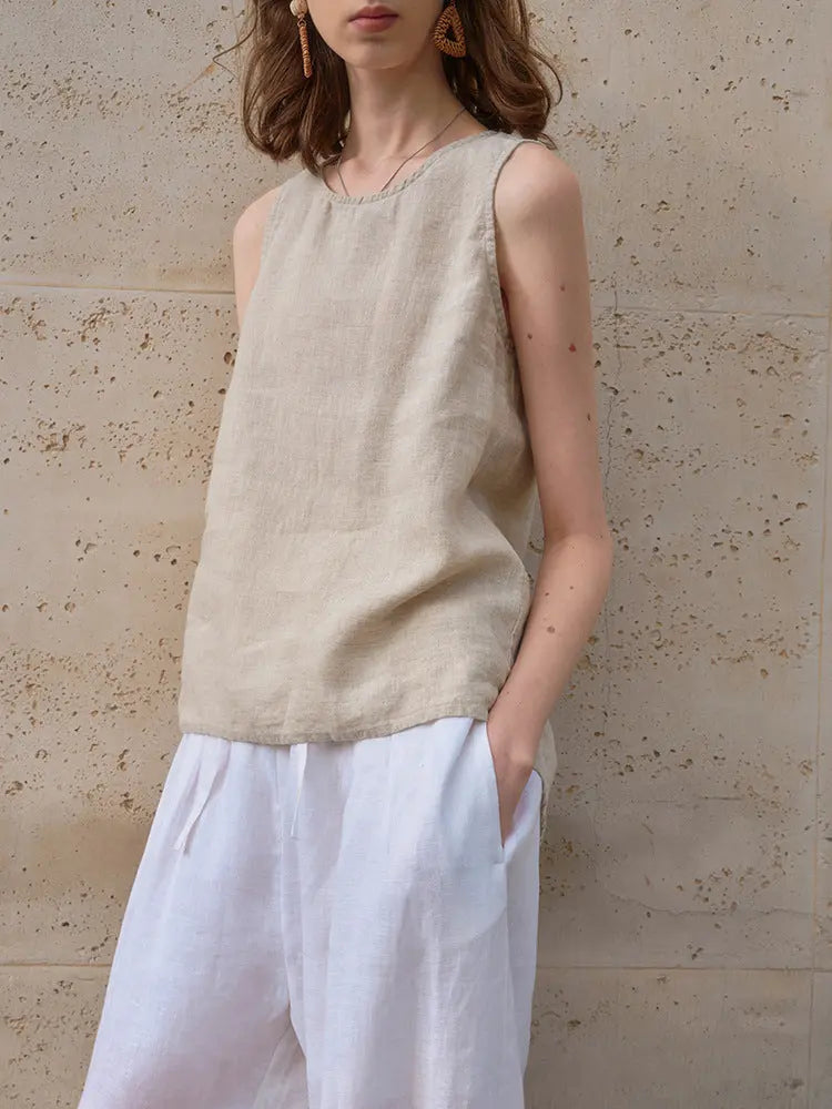 Crew Neck Linen Sleeveless Tank Top Plush Fashion Hub