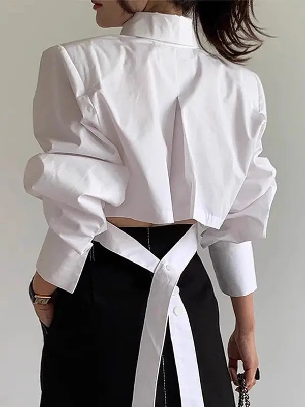 Cutout Back Tie Button Oversized Cropped Shirt Plush Fashion Hub