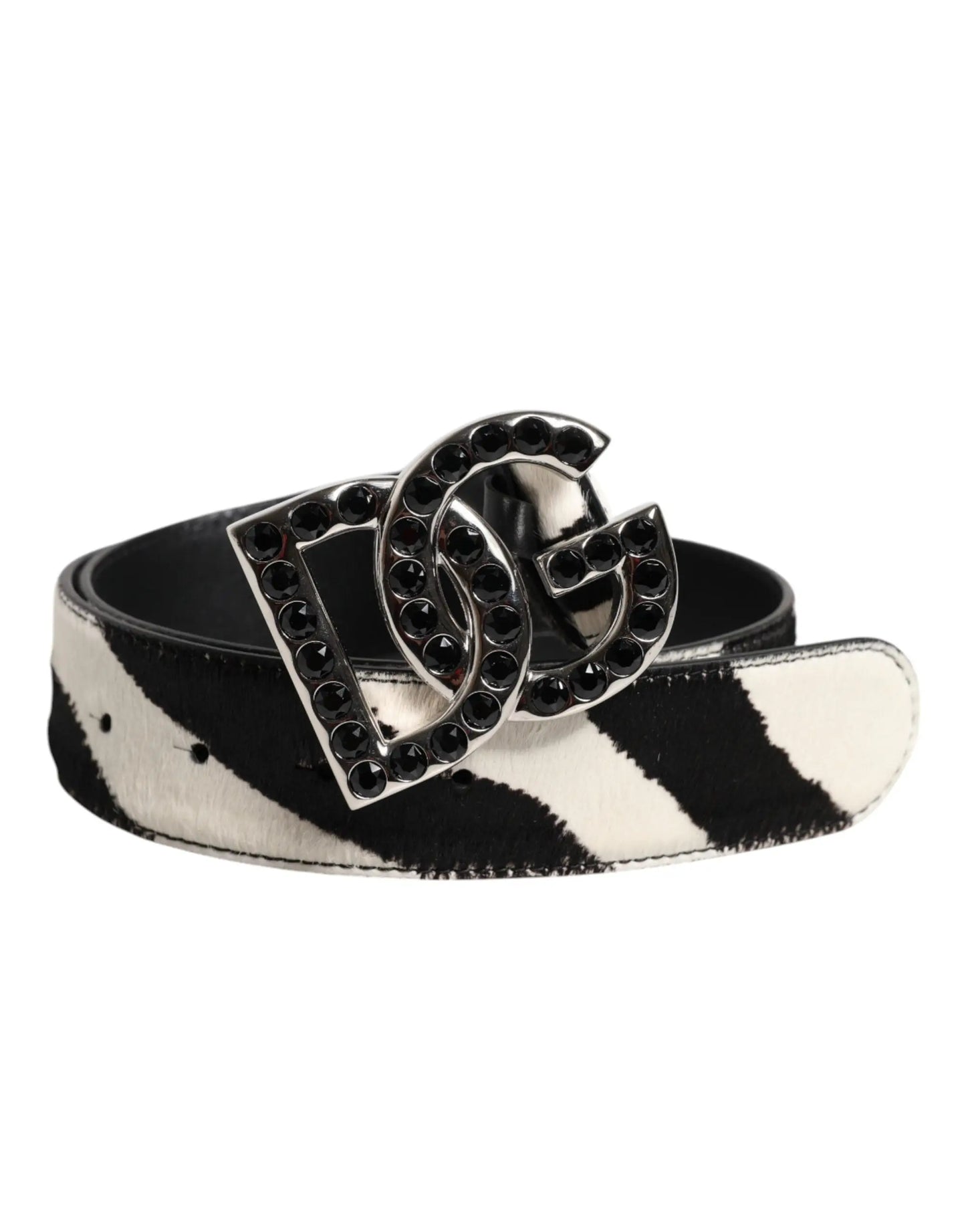 Dolce & Gabbana White Black Leather Zebra DG Crystal Buckle Belt Plush Fashion Hub