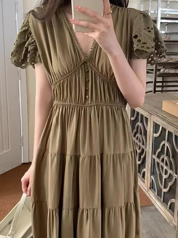 Elegant Hollow Lace V-Neck Long Dress Plush Fashion Hub