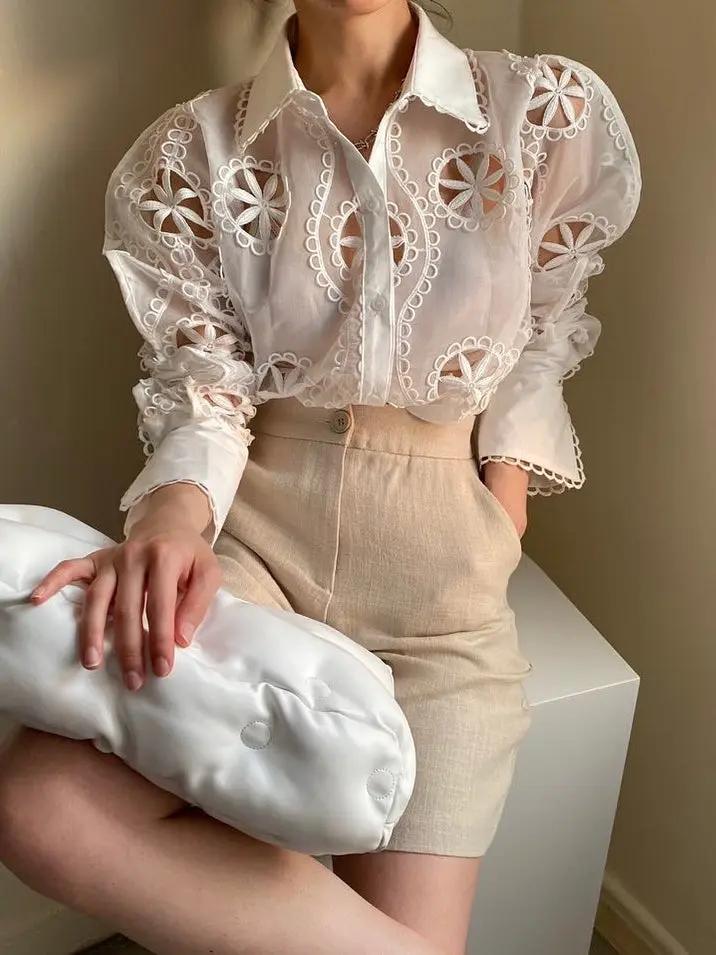 Elegant Lapel Hollow Mesh Pattern Loose Puff Sleeve Shirt PAINEVIDA