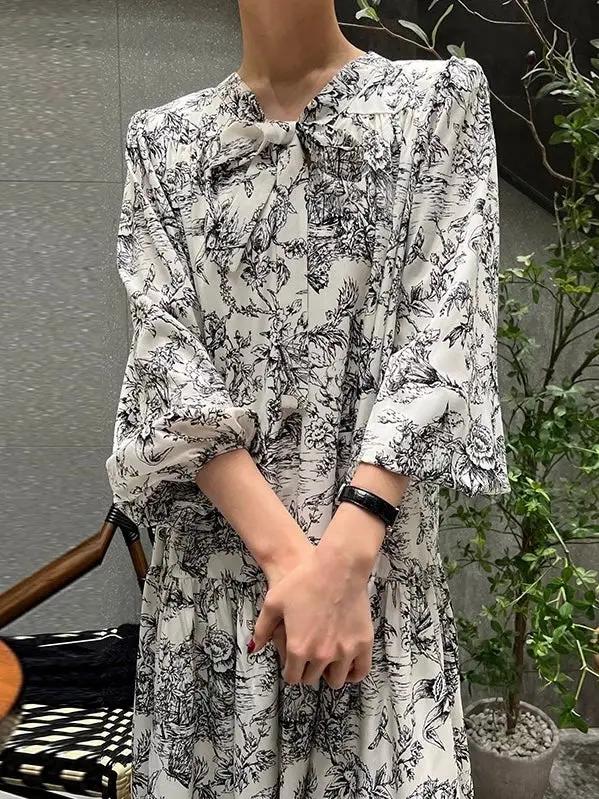 Elegant Printed Tie neckline Floral Long Dress Plush Fashion Hub