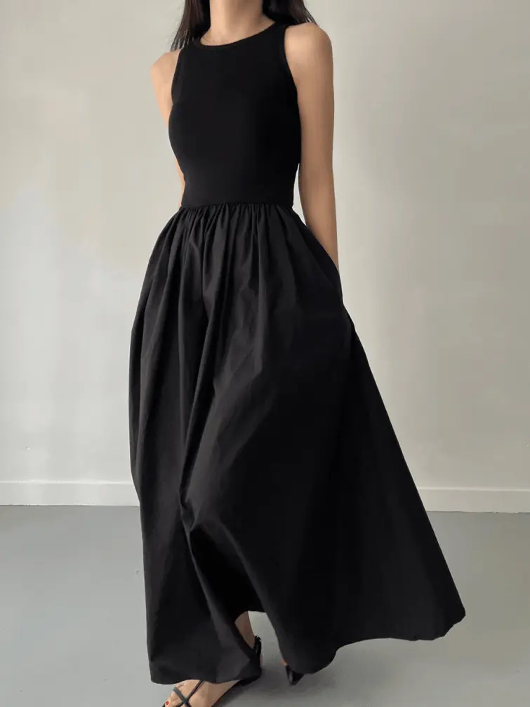 Elegant Round Neck Waist Slim Pleated Long Dress PAINEVIDA