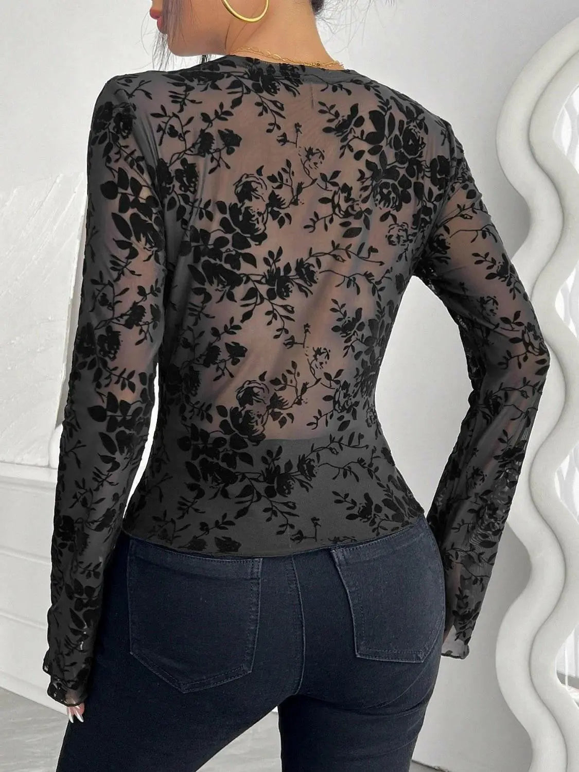 Floral V-Neck Long Sleeve Lace Top.