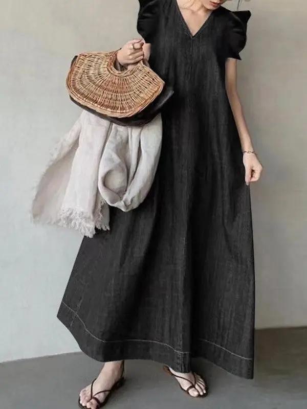 Fly-sleeve Denim Tie Back V-Neck Long Dress Plush Fashion Hub
