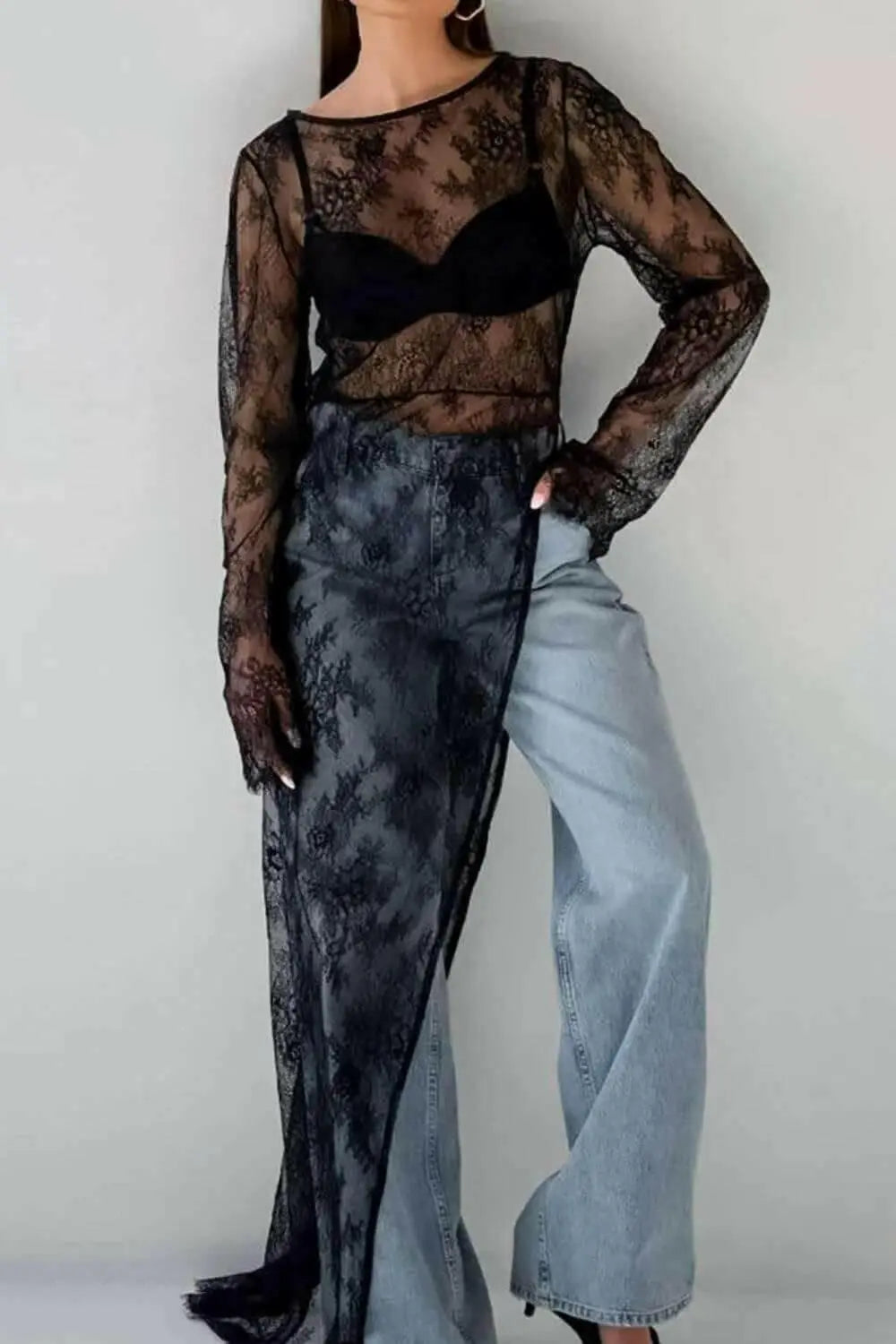 Fringe Round Neck Long Sleeve Lace Sheer Top.