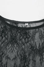 Fringe Round Neck Long Sleeve Lace Sheer Top.