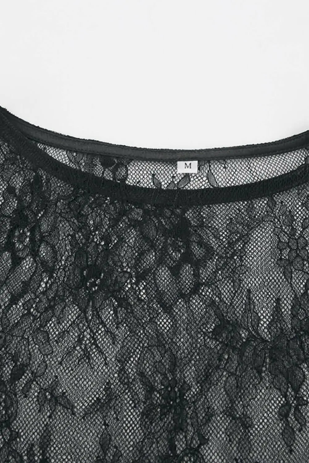 Fringe Round Neck Long Sleeve Lace Sheer Top.