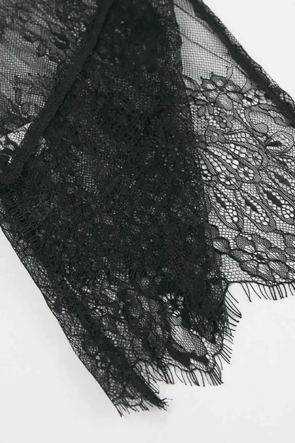 Fringe Round Neck Long Sleeve Lace Sheer Top.