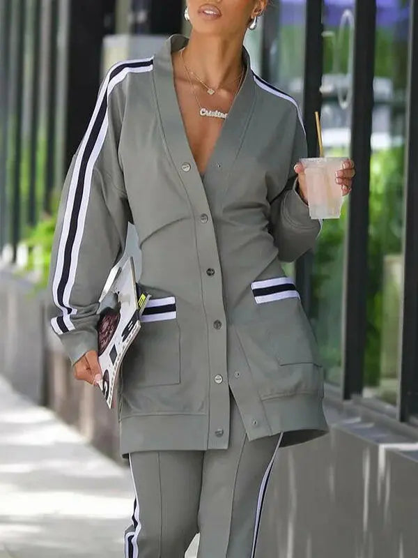 Grey Women's Long Sleeved  Color Blocked Casual Jacket Plush Fashion Shop