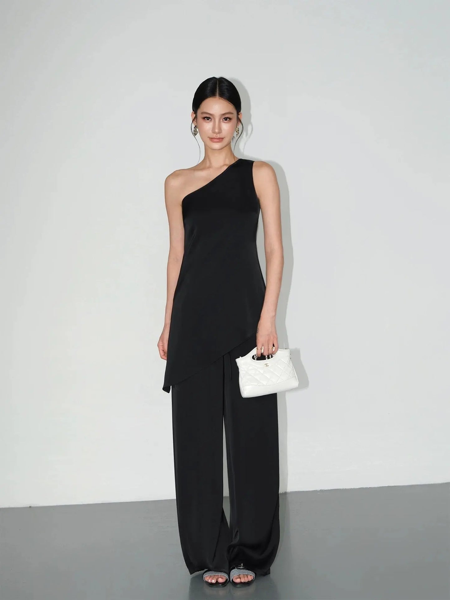 High-end Satin Off-shoulder Irregular Sleeveless Top Wide-leg Casual Pants Set Plush Fashion Hub