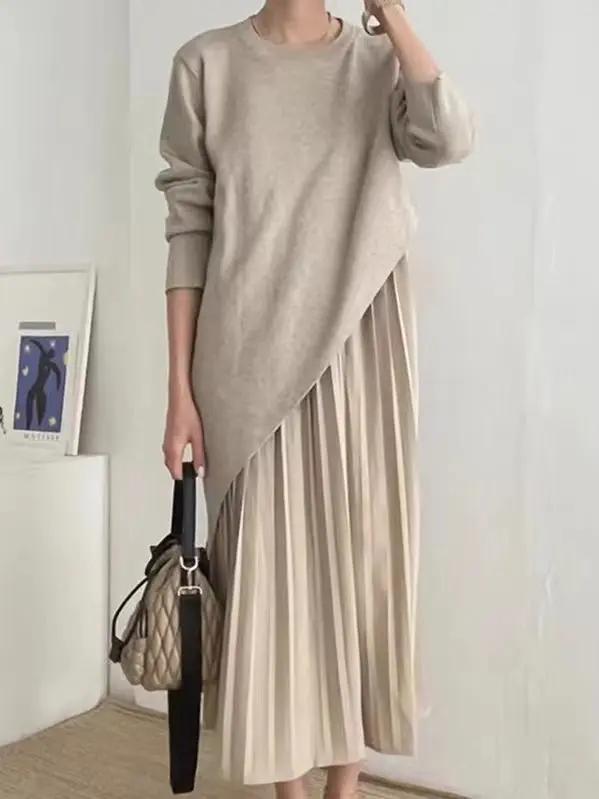 Irregular Knitted Pleated Suspender Dress 2-Pieces Set Plush Fashion Hub