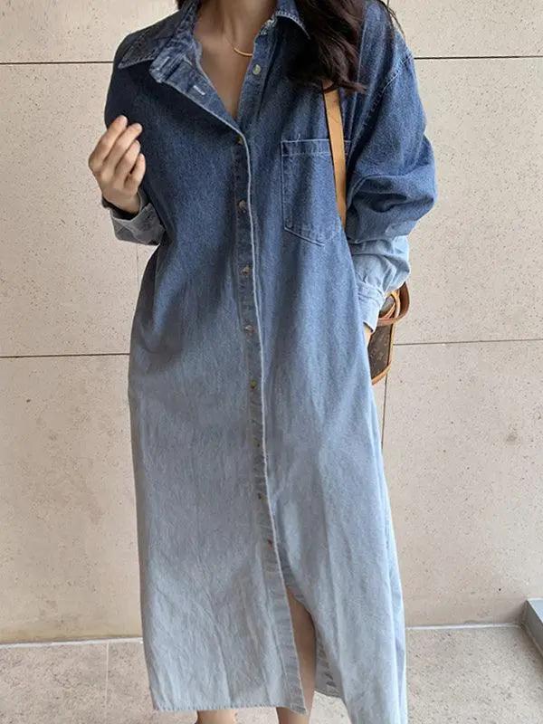 Lapel Gradient Smudge Loose Long Sleeve Denim Dress Plush Fashion Hub