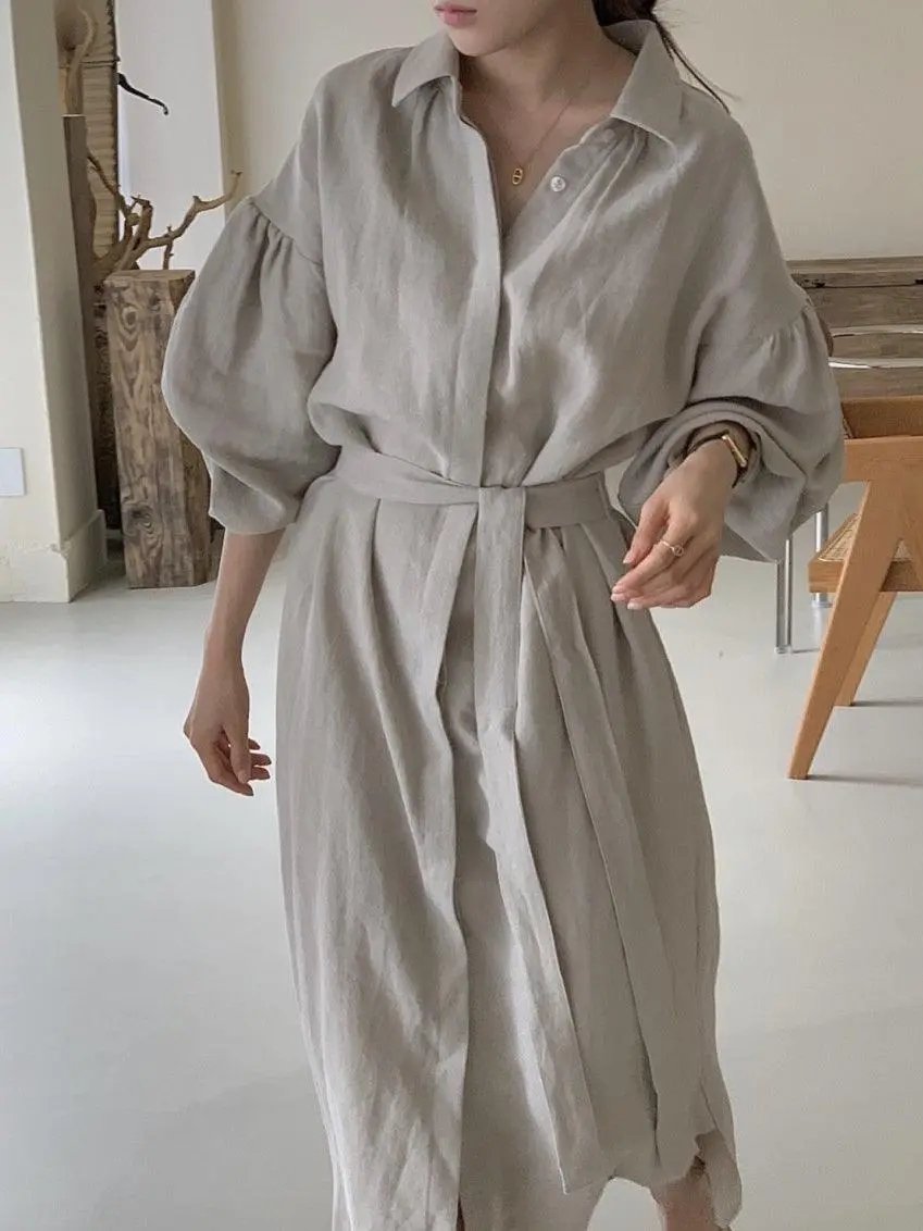 Lapel Loose Balloon Sleeve Shirt Dress PAINEVIDA
