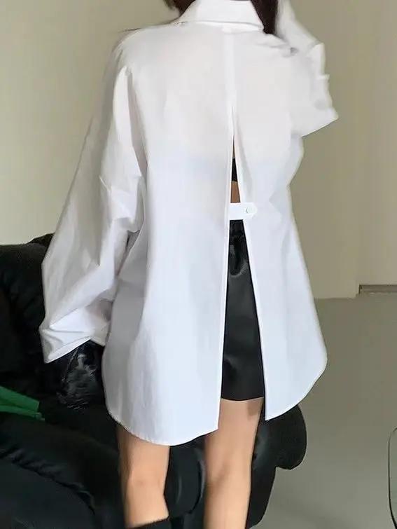 Lapel Single Breasted Back Slit Long Sleeve Shirt PAINEVIDA