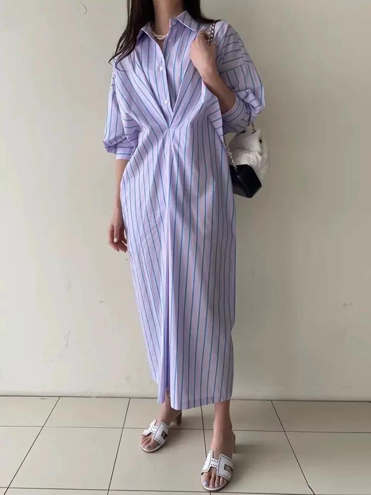 Lapel Single-Breasted Pleated Striped Shirt Dress Plush Fashion Hub