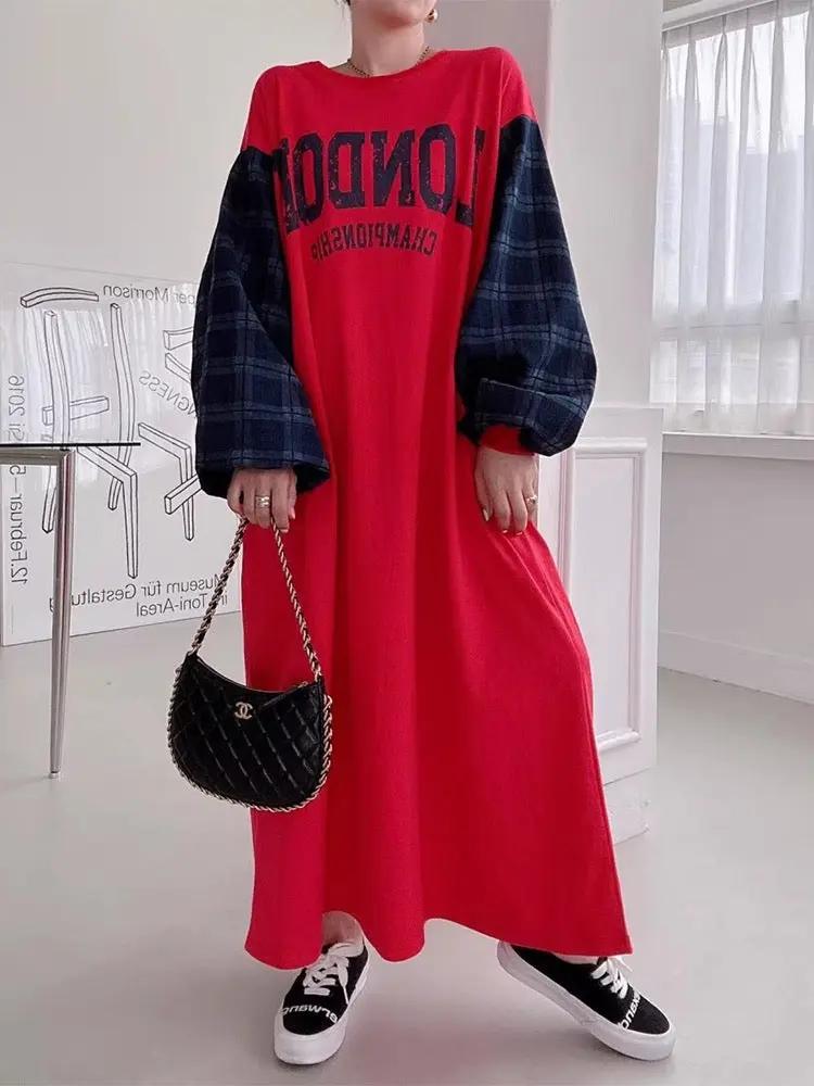 Letter Print Patchwork Lantern Sleeve Sweatshirt Dress PAINEVIDA